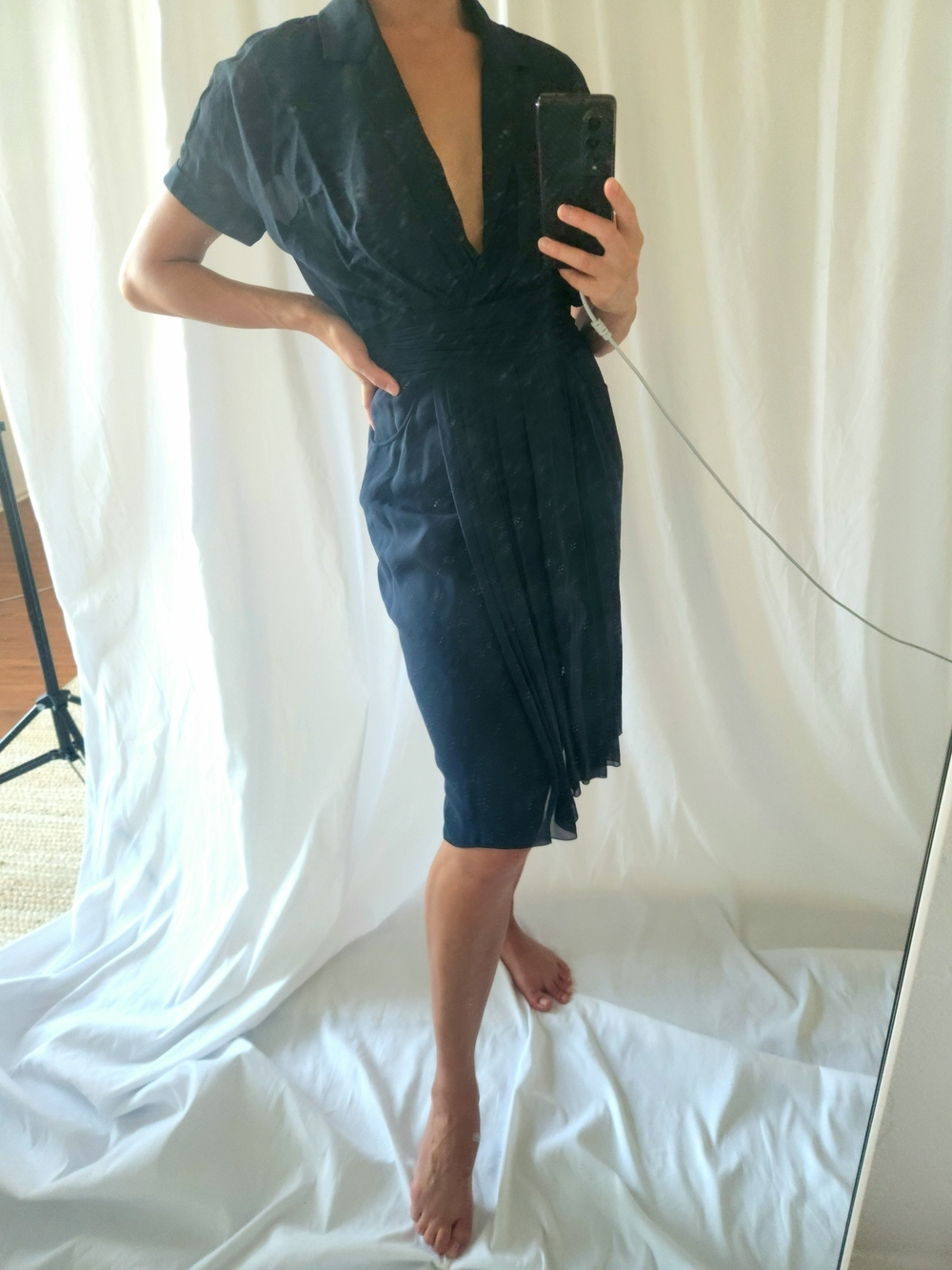 CHANEL Black Short-Sleeve Wrap Midi Dress